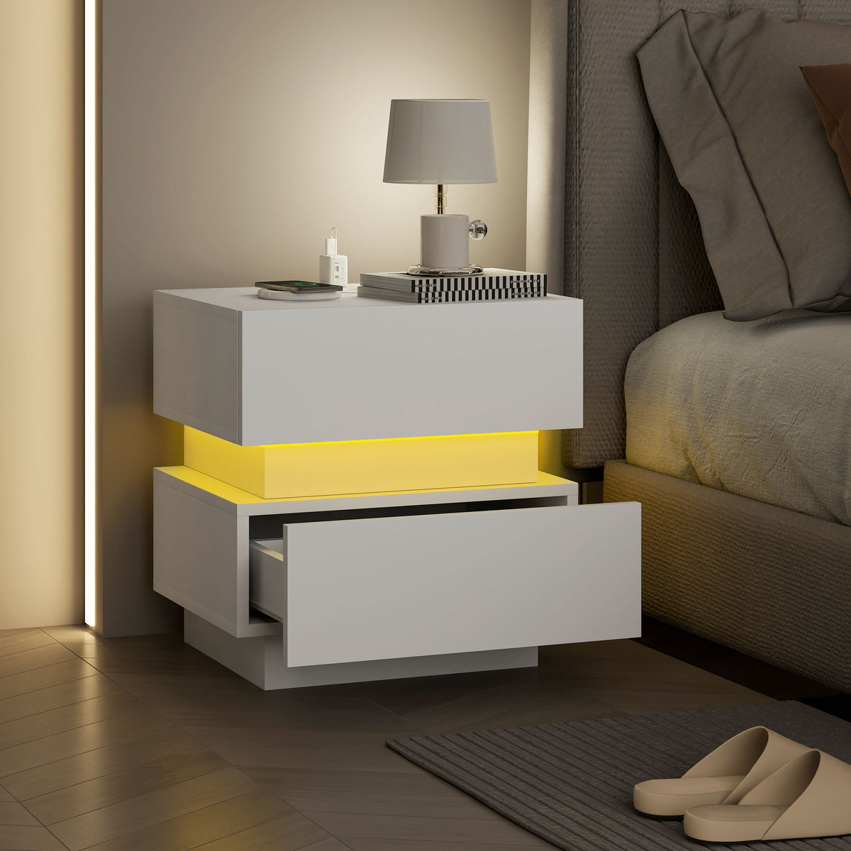 Nightstand with Charging Station and LED Light – 18"W x 18"H