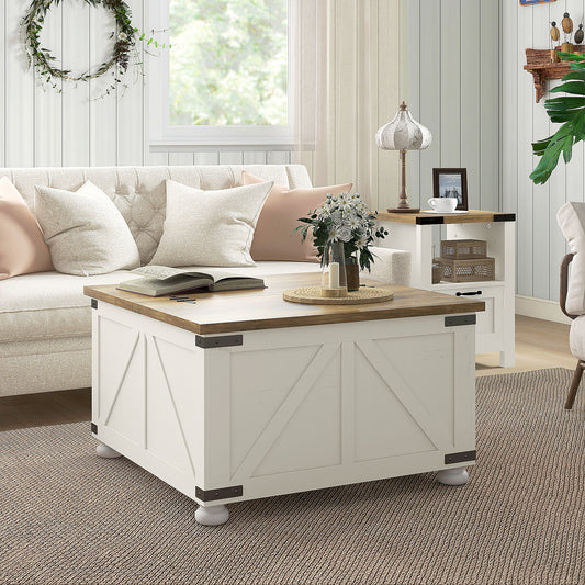 Farmhouse Square Coffee Table with Flip-Top Lids and Hidden Storage