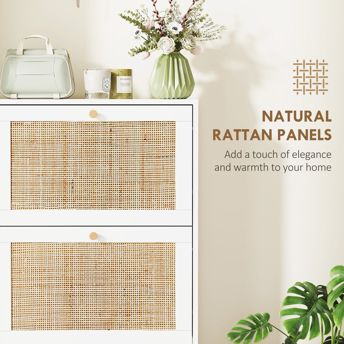 Rattan Shoe Storage Cabinet with 3 Flip Drawers – 24"W x 45"H
