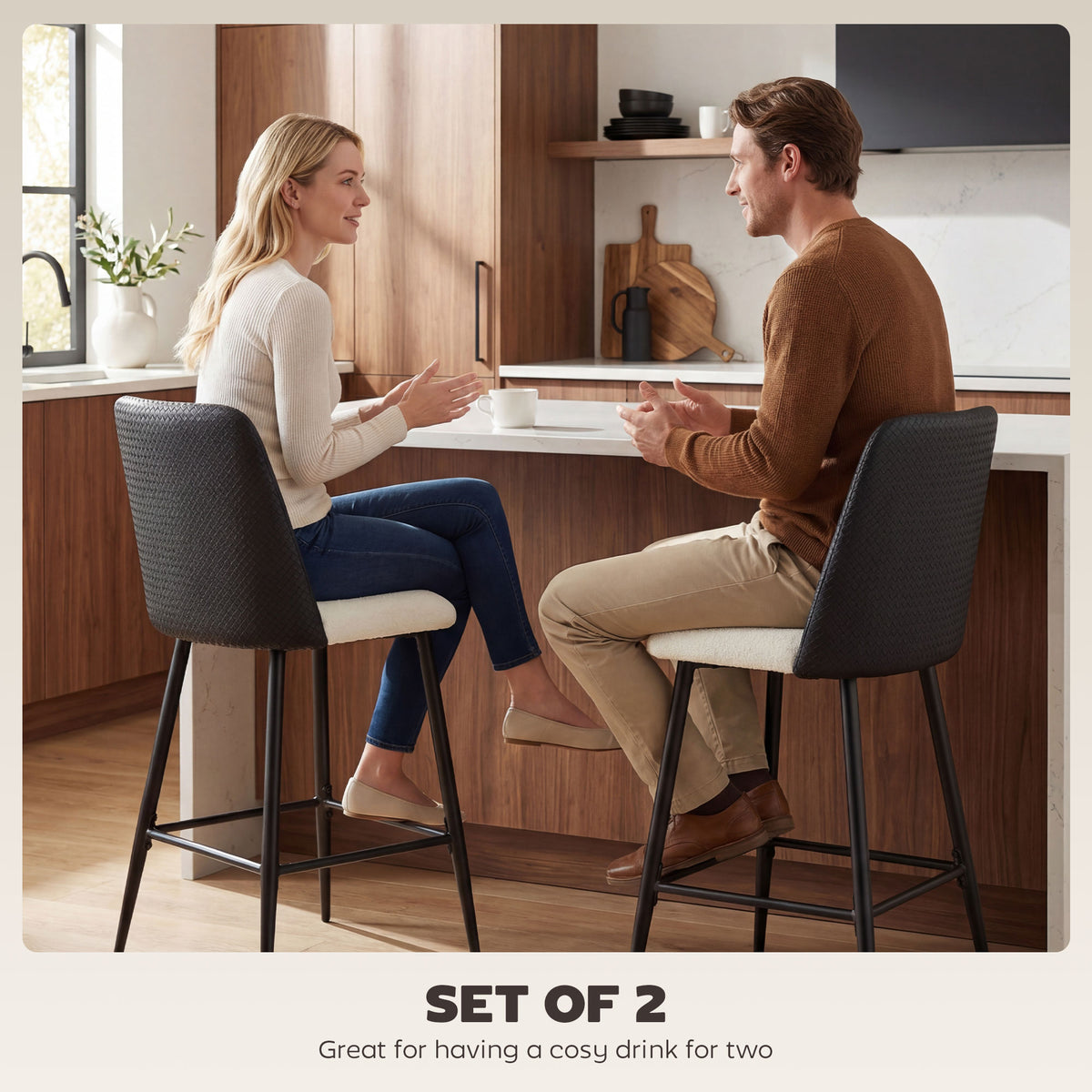 Two-Tone 26" Counter Stools with Woven PU Backrest, Set of 2, Black