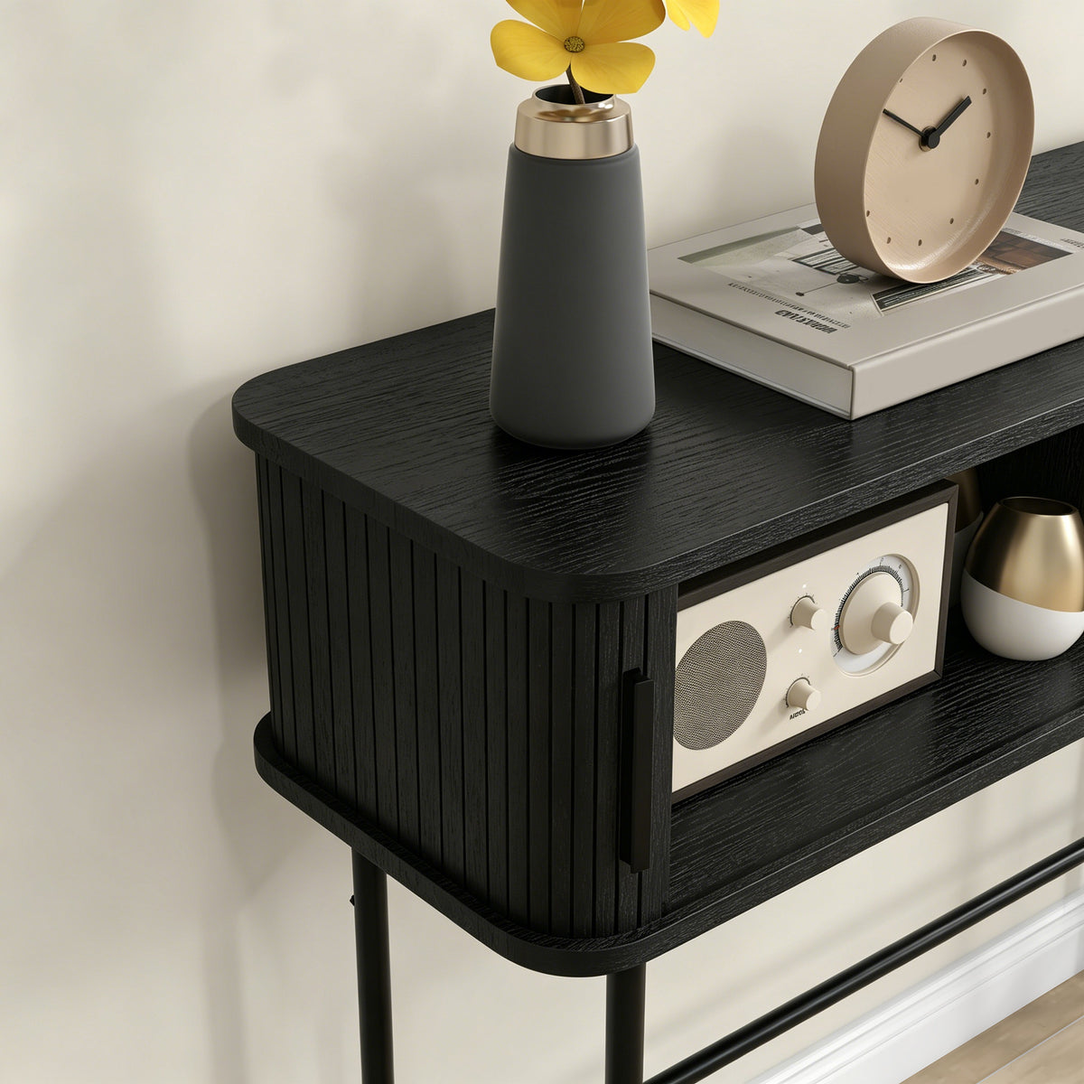 Mid-Century Entryway Console Table with Storage Compartments, Black