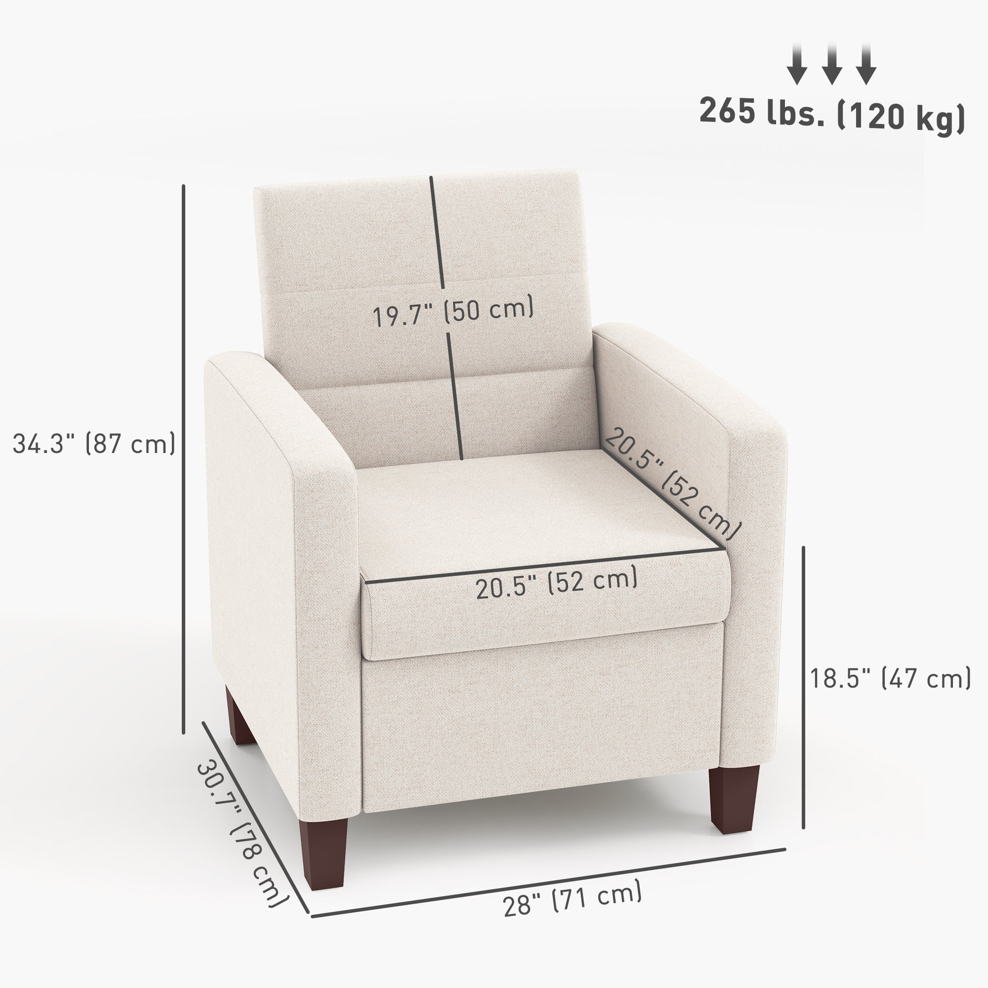Modern Cream White Fabric Accent Armchair with Supportive Cushion & Non-Slip Pads