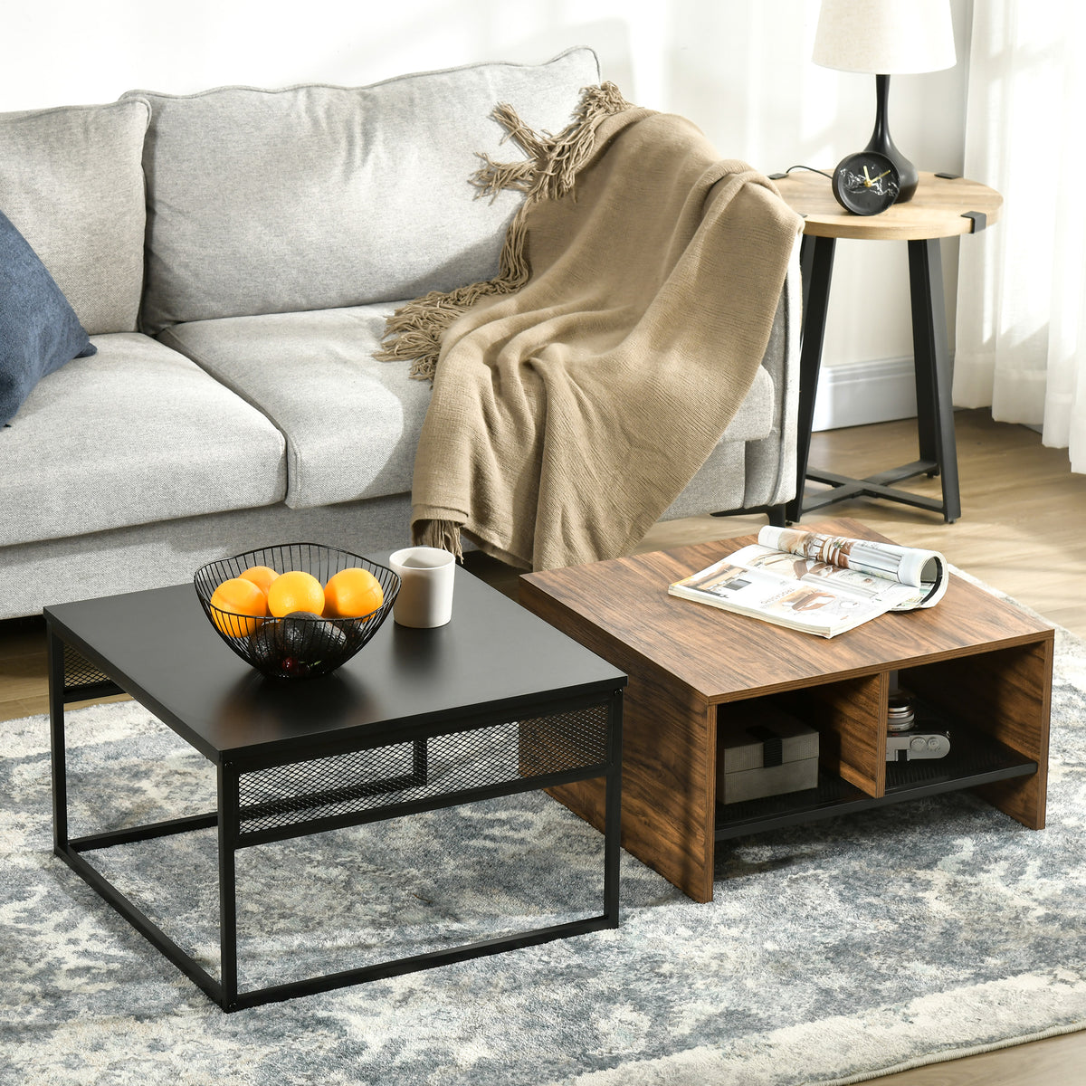 Industrial Nesting Coffee Table Set of 2 with Mesh Shelves, Rustic Brown