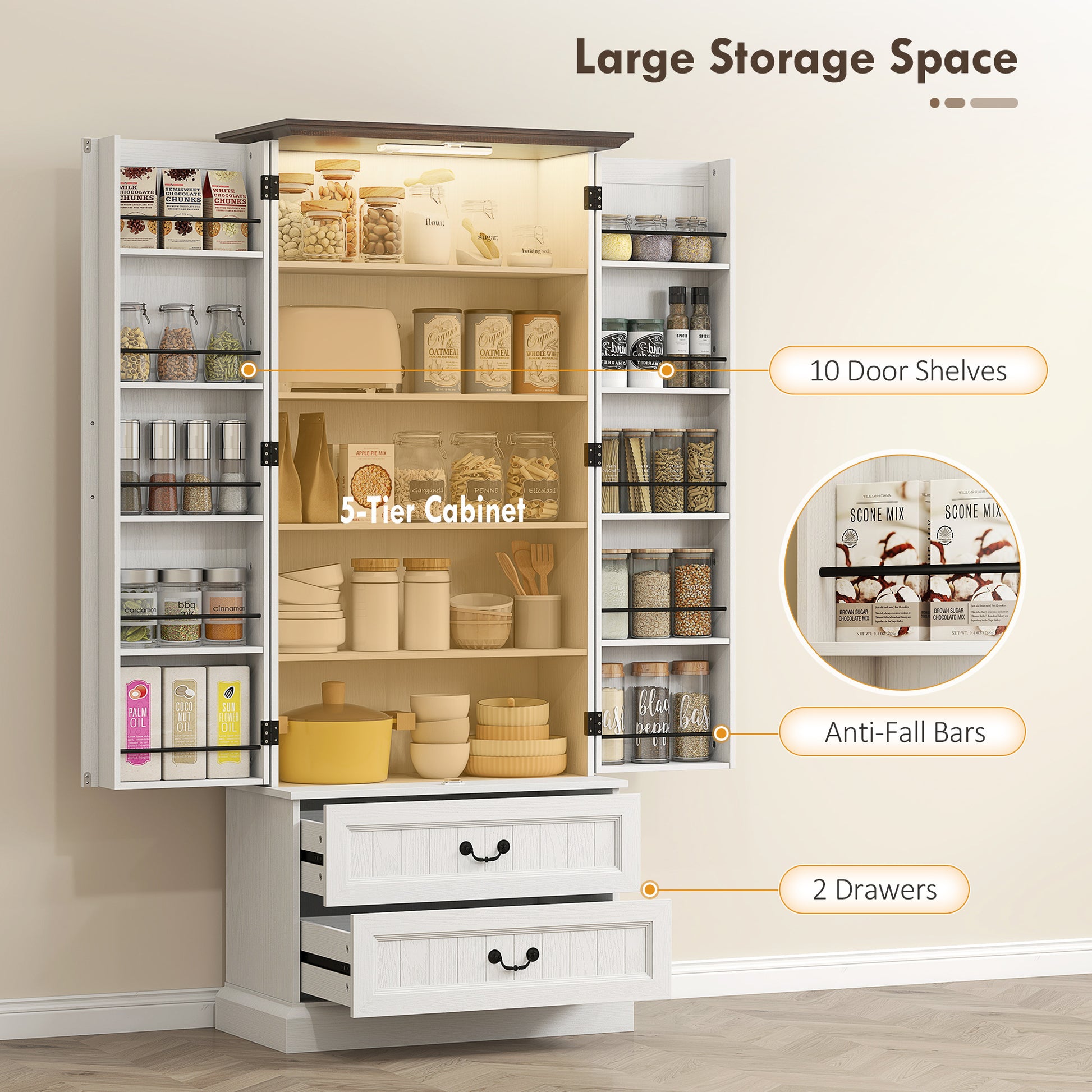 HOMCOM LED Kitchen Pantry Cabinet with Smart Sensor Light, White