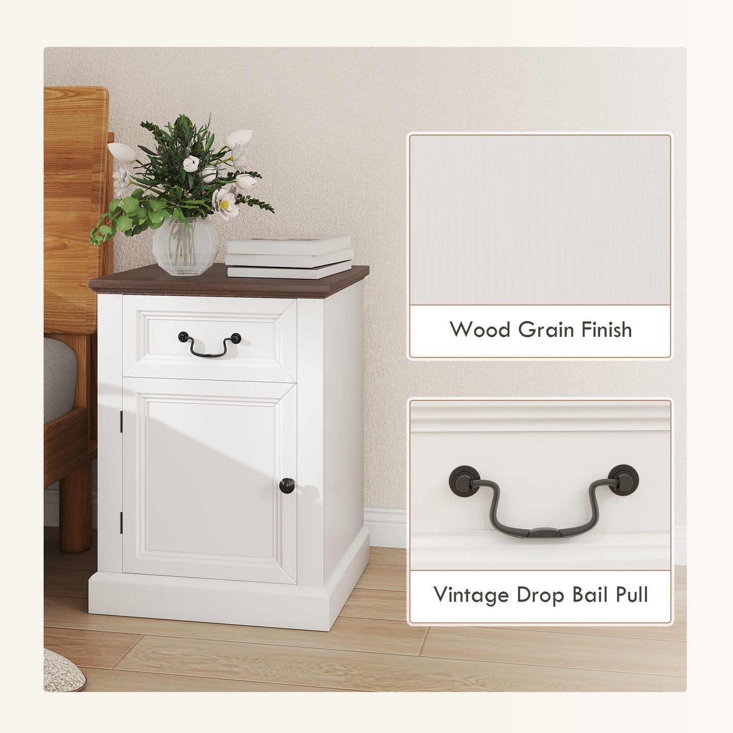 Set of 2 HOMCOM Farmhouse White Nightstands with Drawer and Cabinet