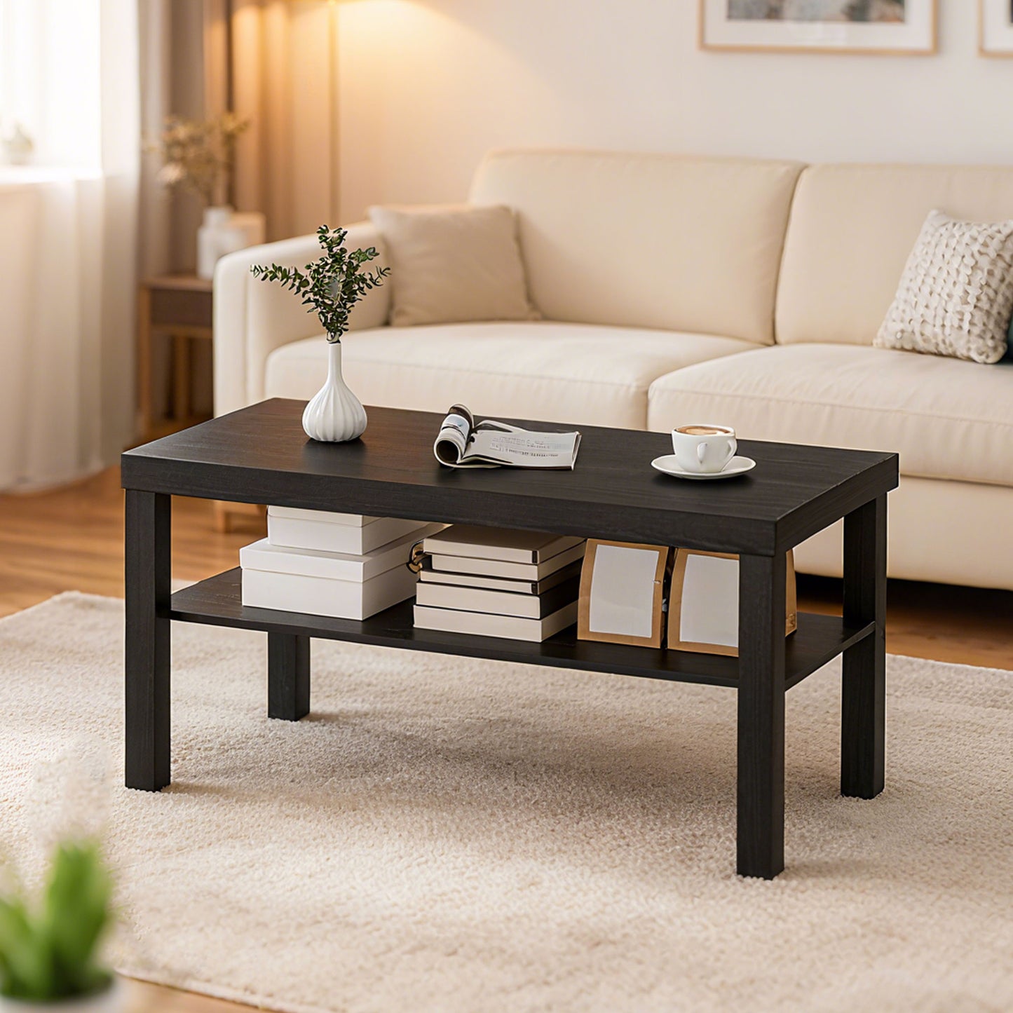 HOMCOM Modern Black 2-Tier Rectangular Coffee Table with Storage Shelf