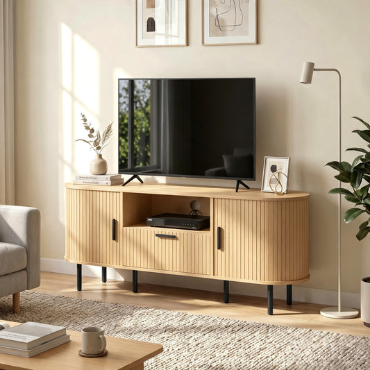 Entertainment Center with Curved Sliding Doors and Storage for TVs up to 60" – 55" Wide