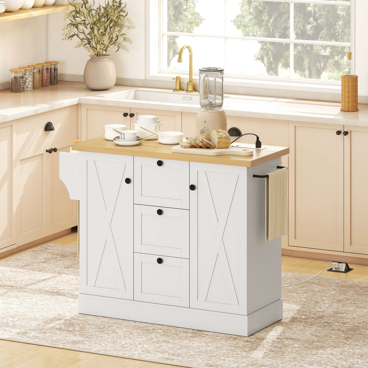 Farmhouse Kitchen Island Cart with Power Outlet and Soft-Close Doors – 49"W x 35"H