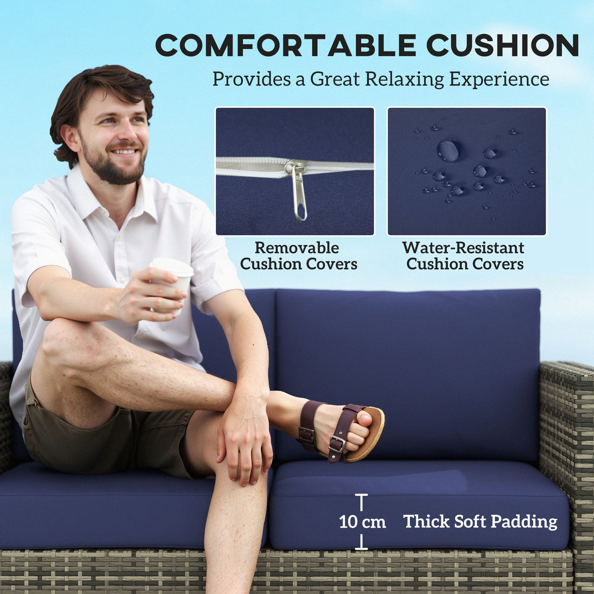 Wicker Outdoor Sofa, All Weather Patio Couch Loveseat with Cushions for Balcony, Deck, Garden, Poolside – Dark Blue