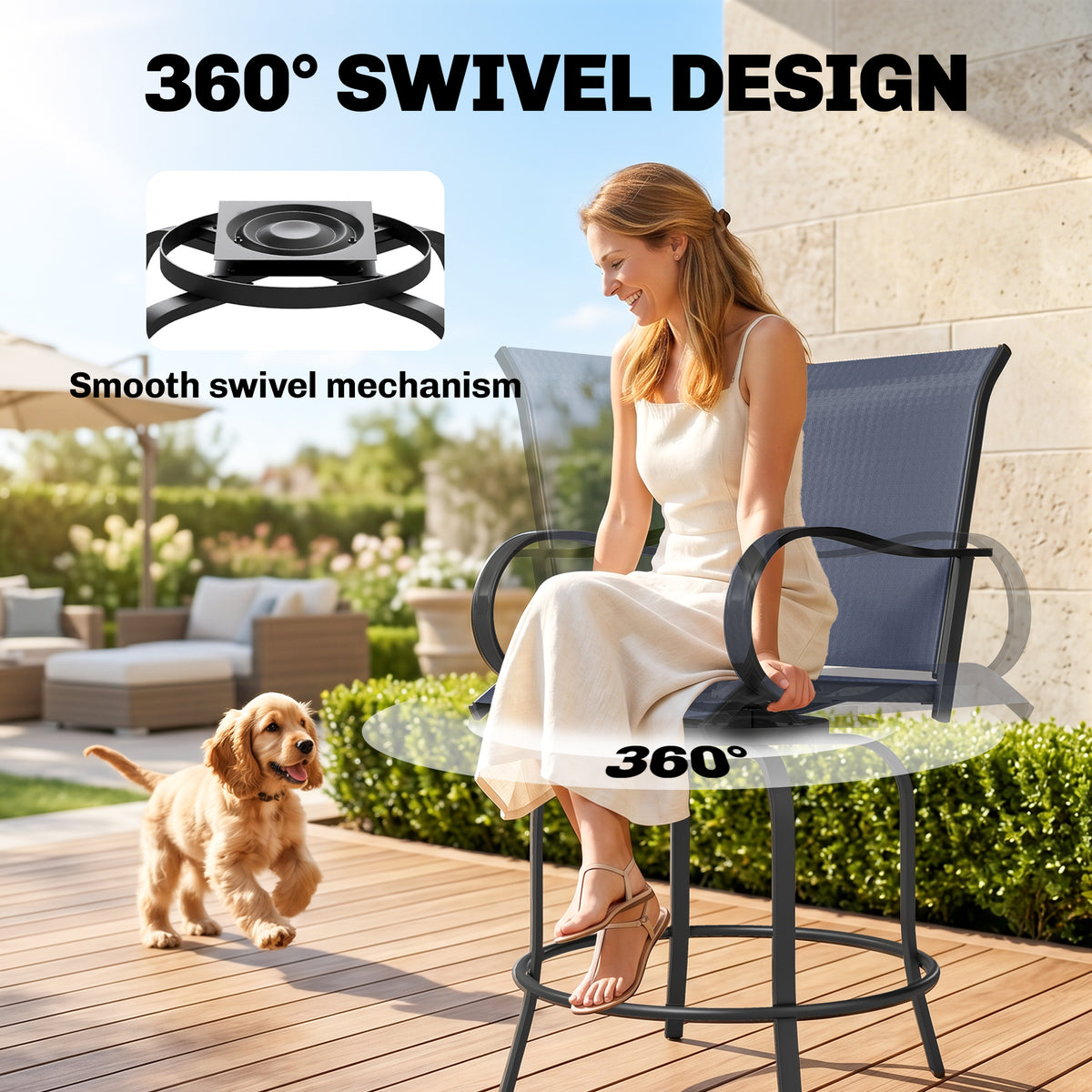 Outdoor Bar Stools Set of 2, 360° Swivel Bar Height Chairs, 26.8" x 29.5" x 48.4", Tan – Navy Blue