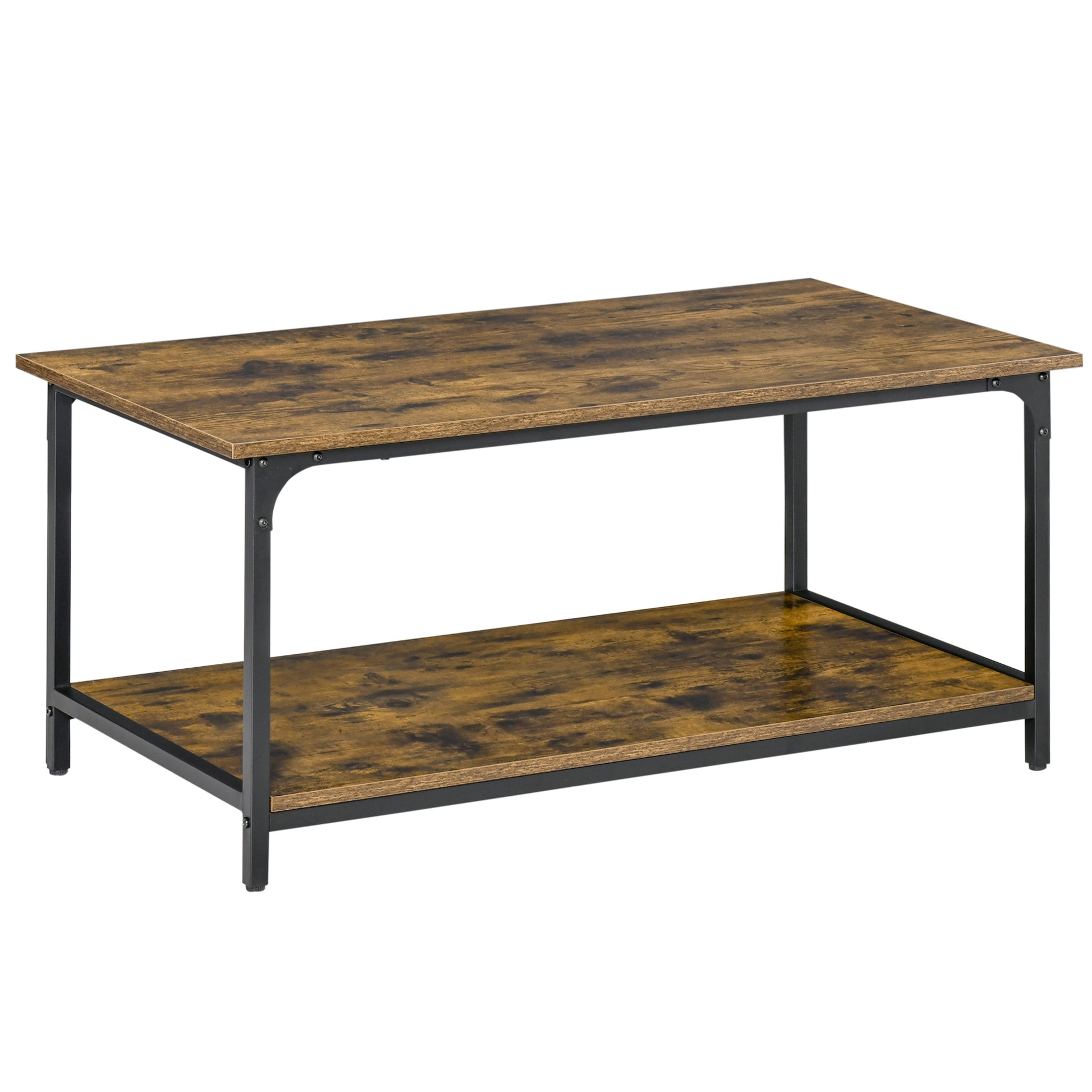HOMCOM Rustic Industrial 2-Tier Coffee Table Storage Shelf Steel Frame