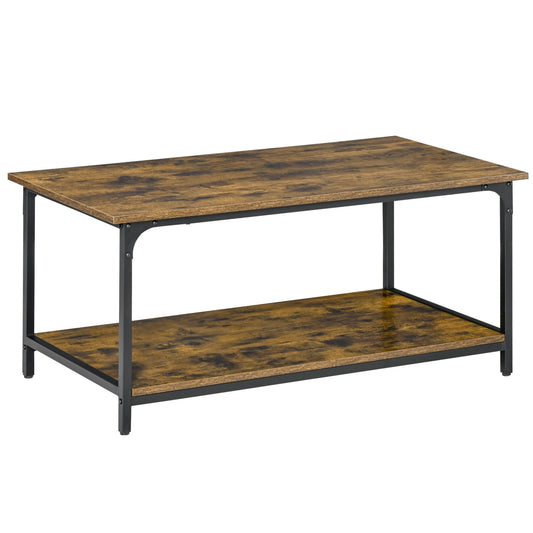 HOMCOM Rustic Industrial 2-Tier Coffee Table Storage Shelf Steel Frame