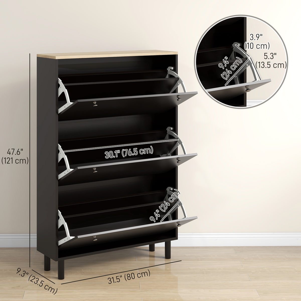 Modern Entryway Shoe Cabinet with 3 Flip Drawers – 32"W x 48"H