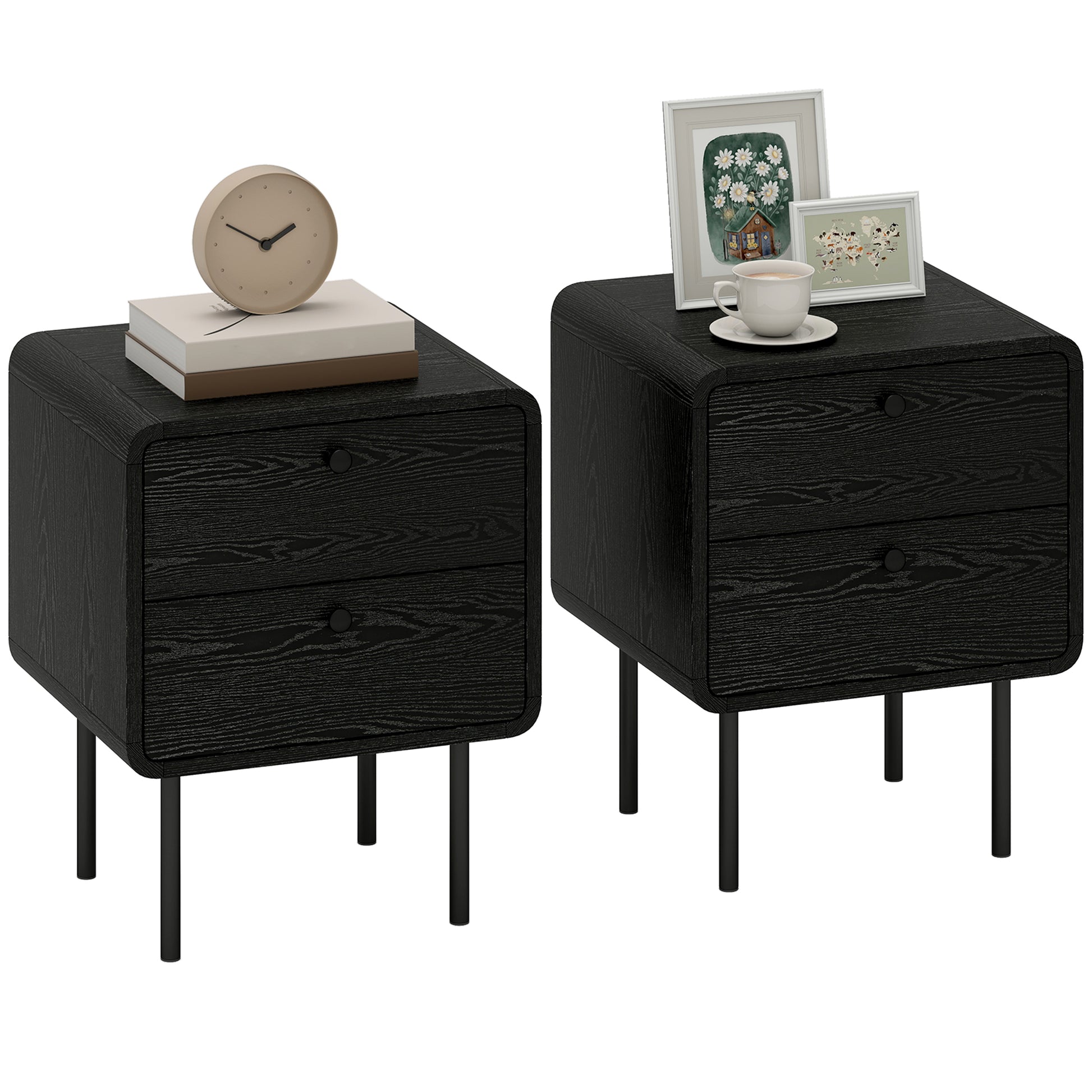Modern Black Wood Grain Nightstands Set of Two, Dual Storage Drawers