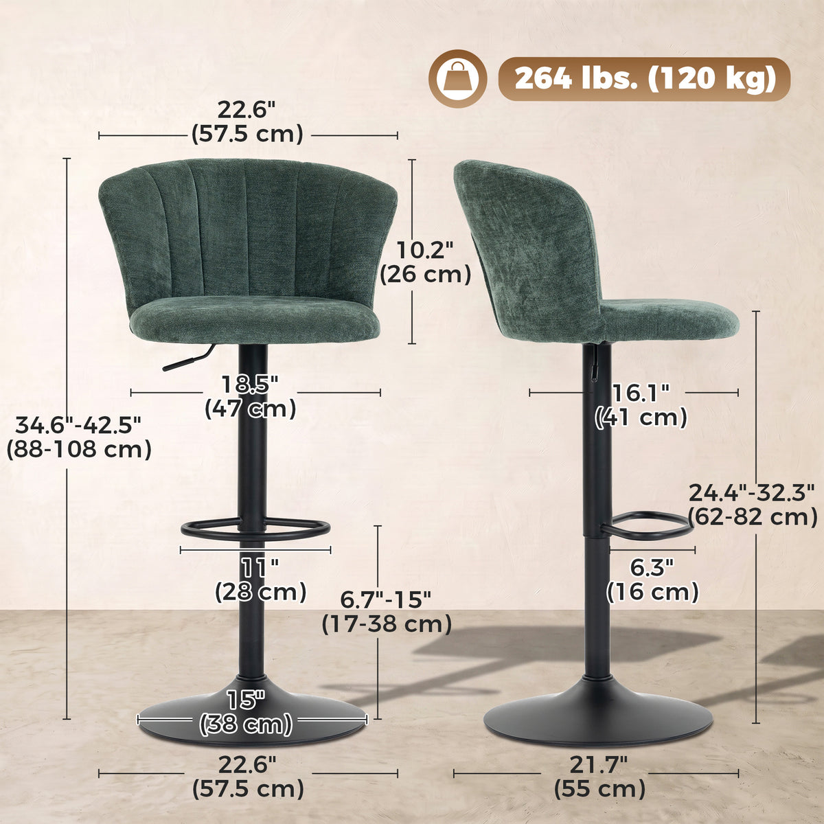 Chenille Adjustable Swivel Bar Stools with Back and Footrest, Set of 2, Dark Green