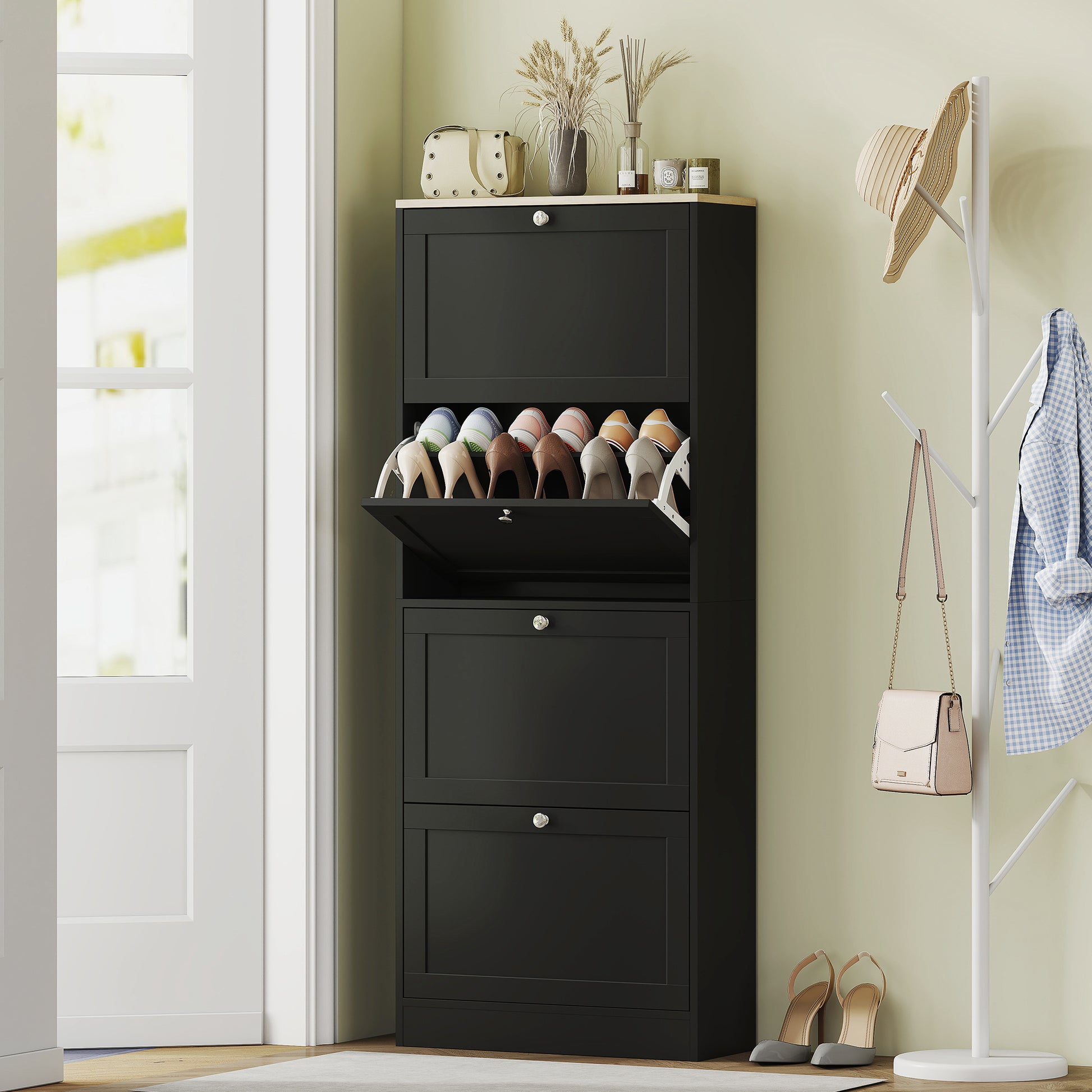 Space-Saving Black Shoe Cabinet: 4 Flip Drawers, Adjustable Shelves, 18-24 Pairs