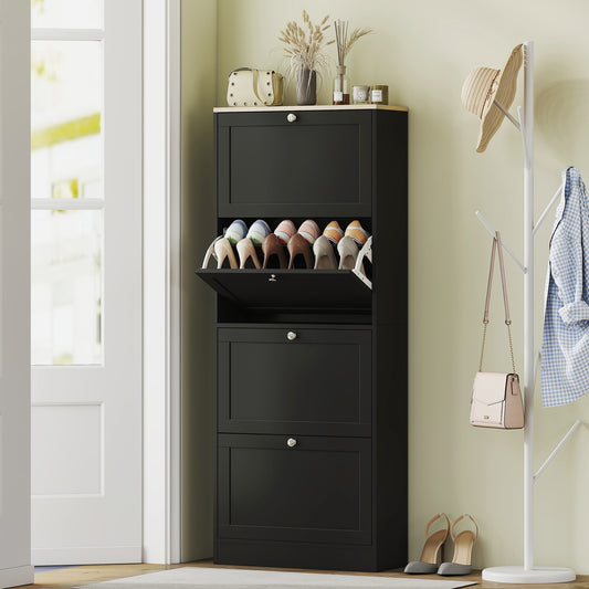 Space-Saving Black Shoe Cabinet: 4 Flip Drawers, Adjustable Shelves, 18-24 Pairs