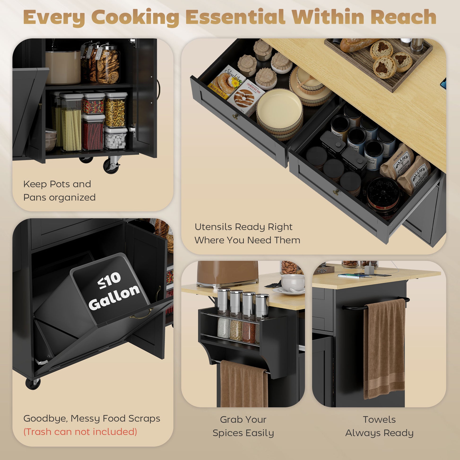 HOMCOM Kitchen Island Cart Charging Station Drop Leaf Black