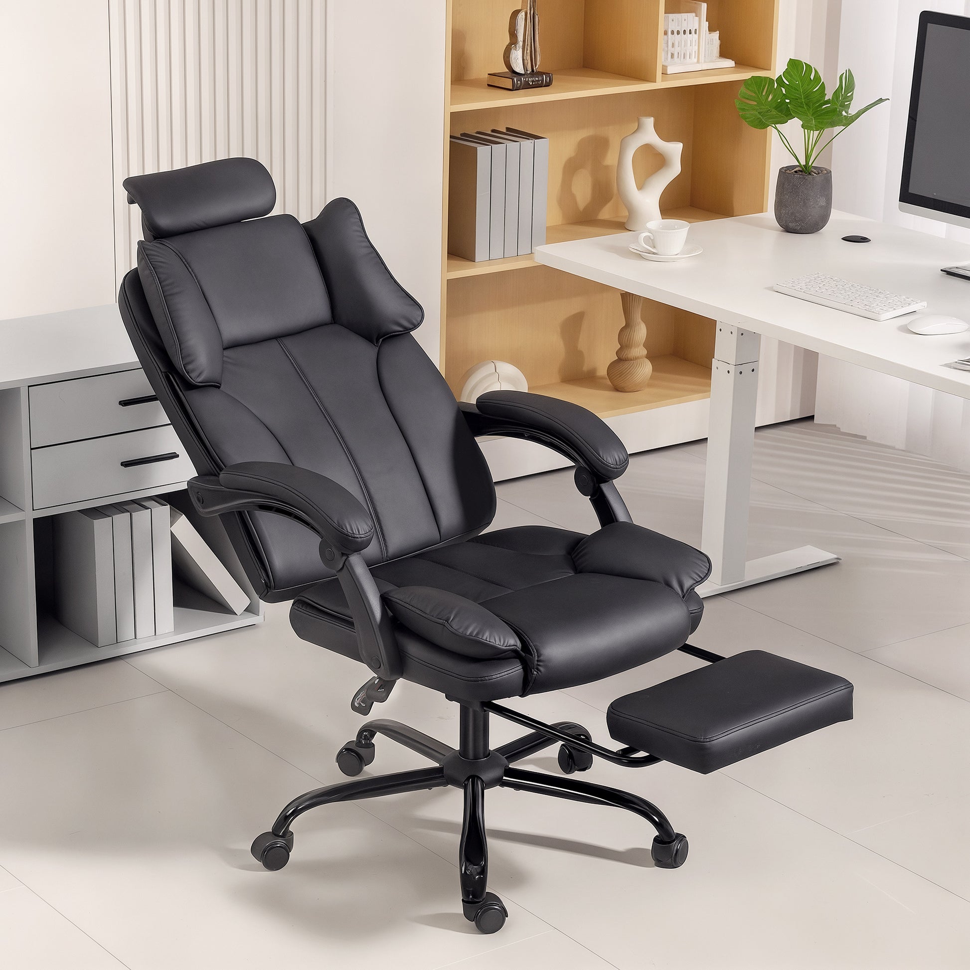 HOMCOM Executive Reclining Office Chair: Pet-Friendly Fabric, Headrest, Footrest, Swivel