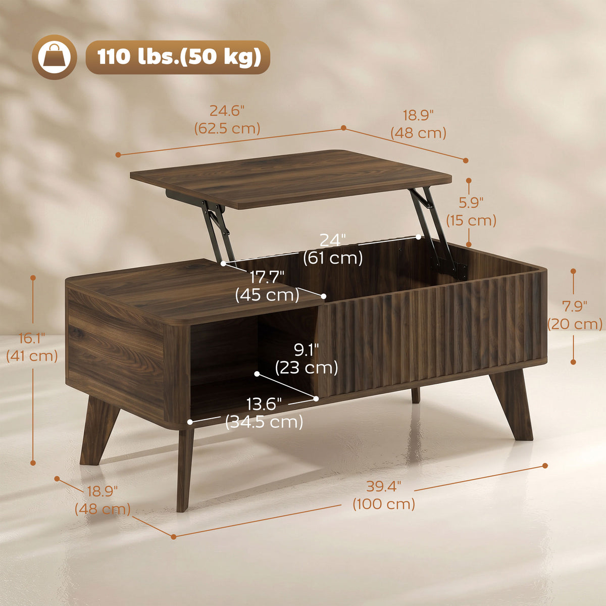 HOMCOM 40" Fluted Lift Top Coffee Table with Storage, Mid-Century Coffee Table with Hidden Compartment, Open Shelf, Walnut