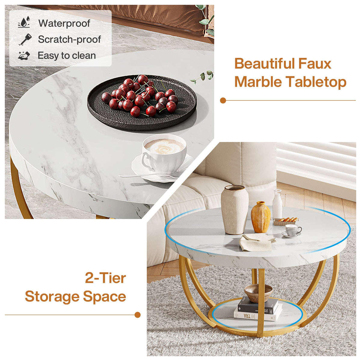 Round Coffee Table, 2-Tier Central Cocktail Table with Shelves