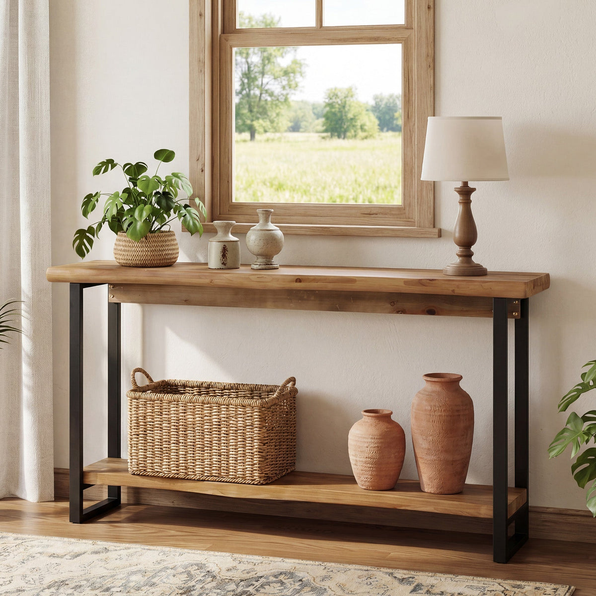 63" Solid Wood Live-Edge Console Table with Metal Legs – Narrow Farmhouse Sofa Table