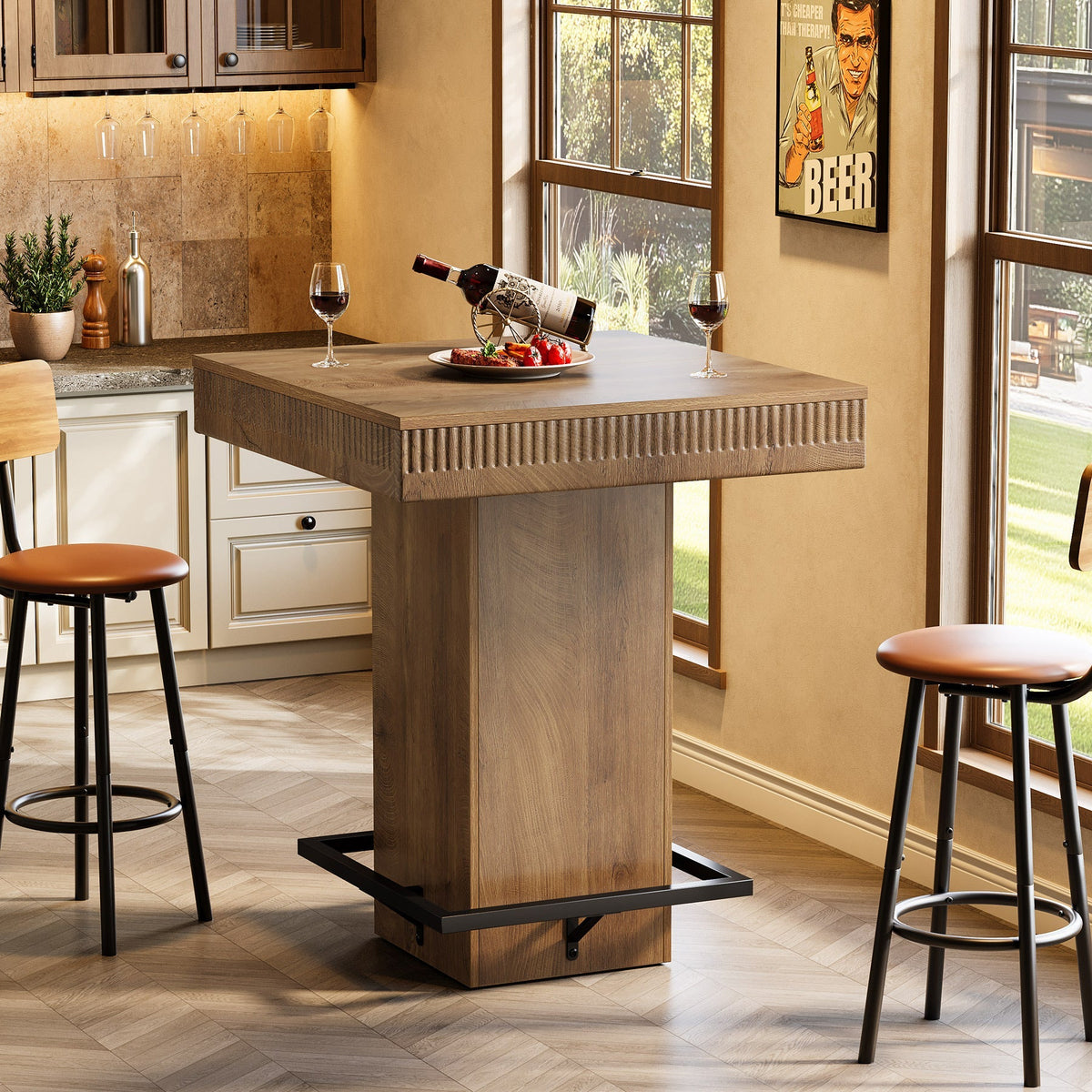 Square Bar Table, Industrial Bistro Pub Table with Metal Footrest