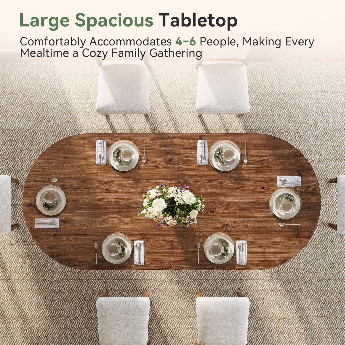 Solid Wood Oval Dining Table, 63" Kitchen Table with Sturdy Tapered Legs for 4-6