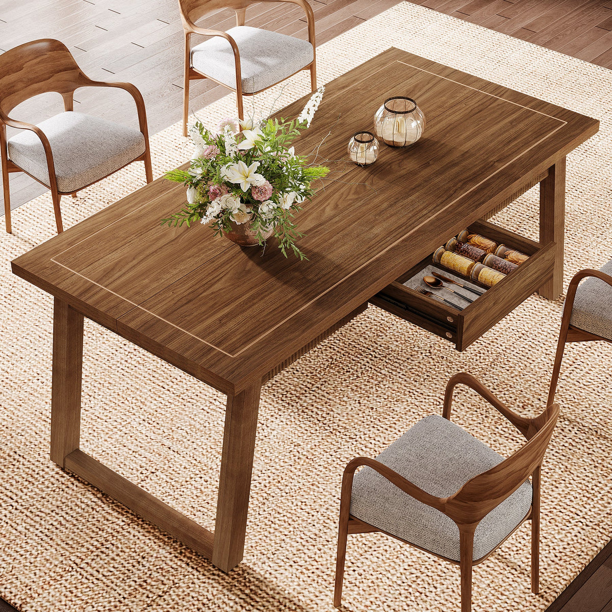 55" Dining Table with Drawer, Rectangular Kitchen Table with Solid Wood Legs
