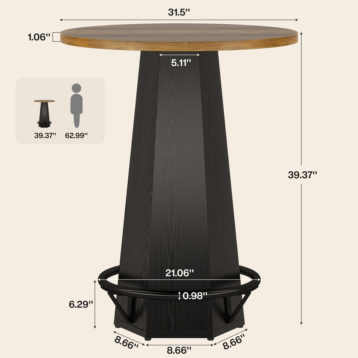 Round Bar Table for 2 People, 39.4" H Industrial Counter Height Pub Table with Metal Footrest