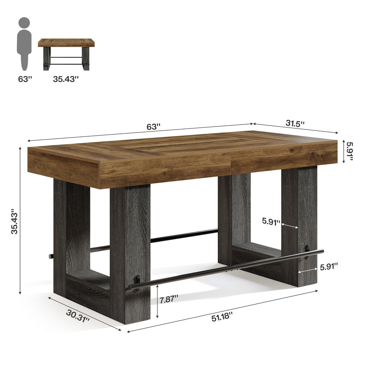 63" Counter Height Bar Table, Large High Top Pub Table Kitchen Island