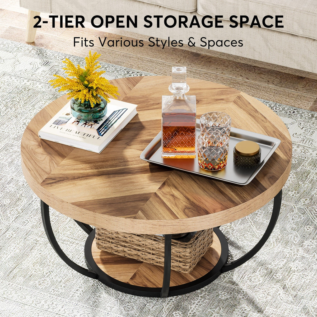 Round Coffee Table, 2-Tier Central Cocktail Table with Shelves