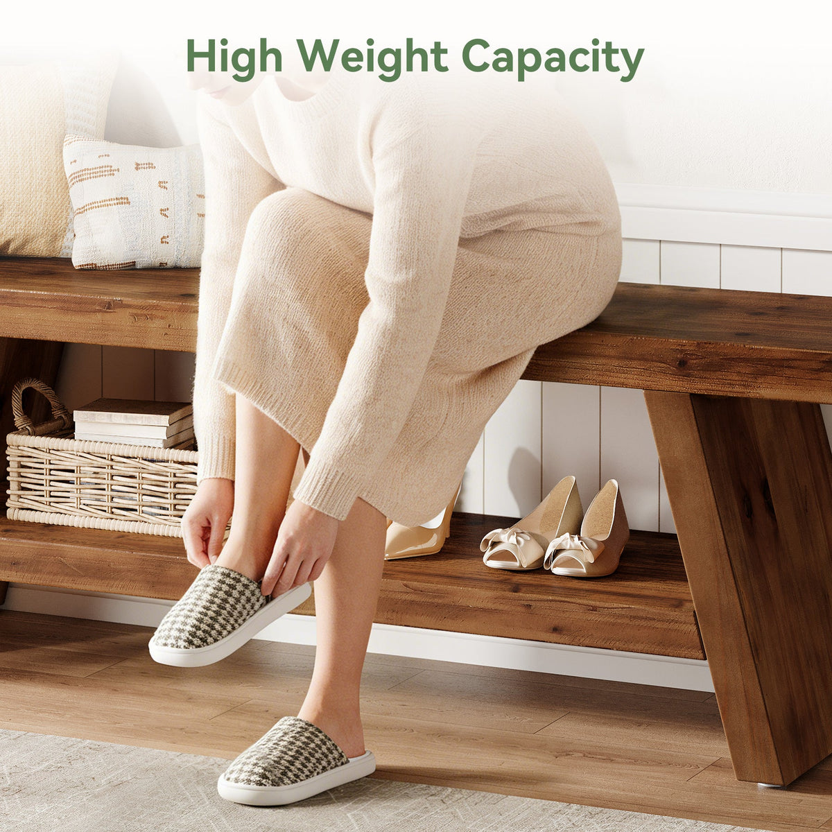 47" Solid Wood Shoe Bench, 2-Tier Entryway Bench with Open Shelves