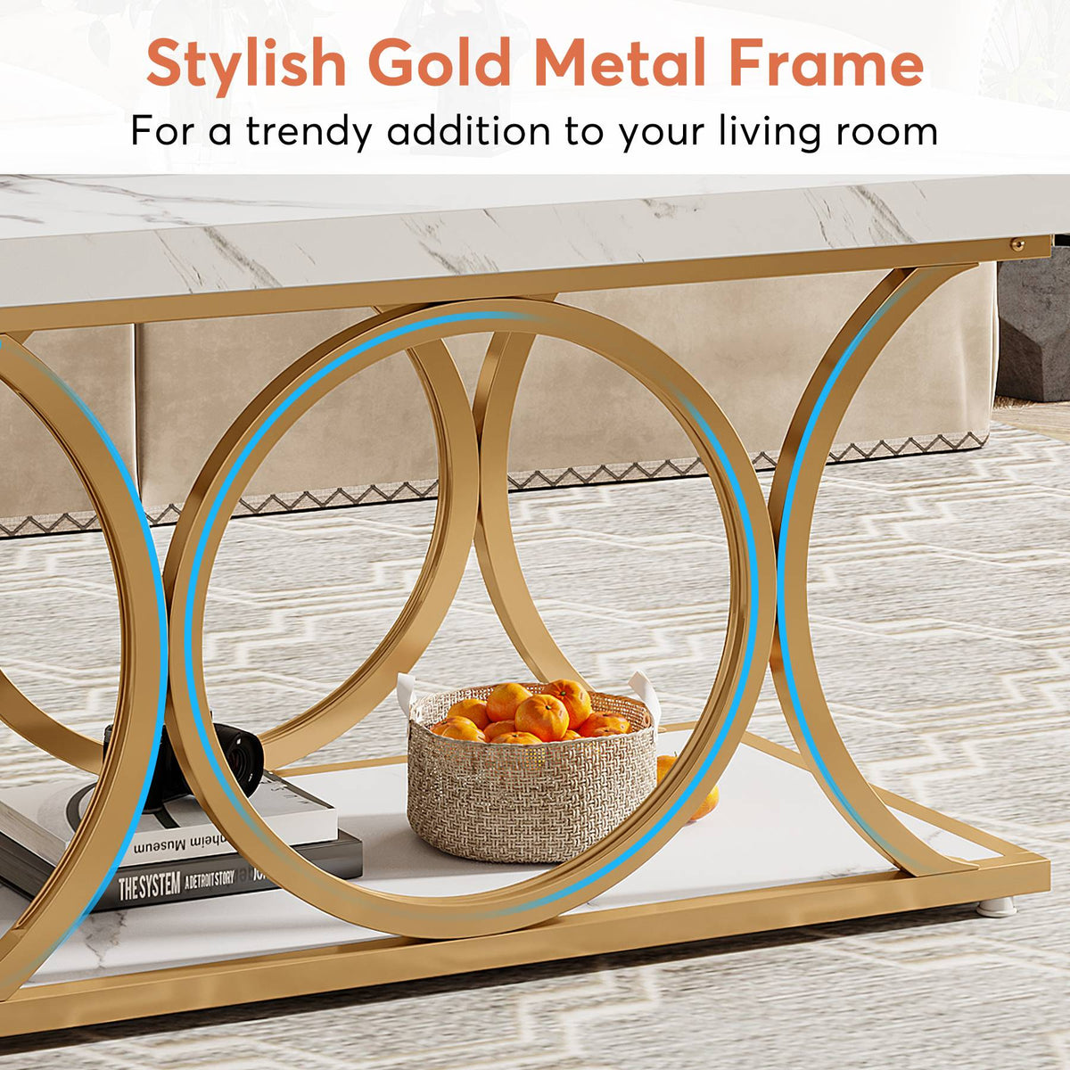 Rectangle Coffee Table, 46.45" Center Table with Faux Marble Top