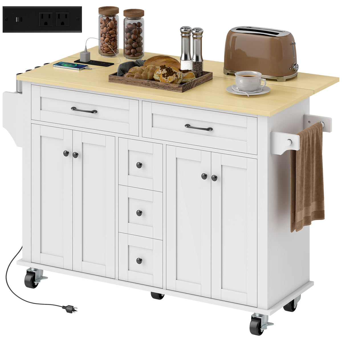 Kitchen Island Cart with Power Outlet & Drop Leaf – 55"W x 35"H