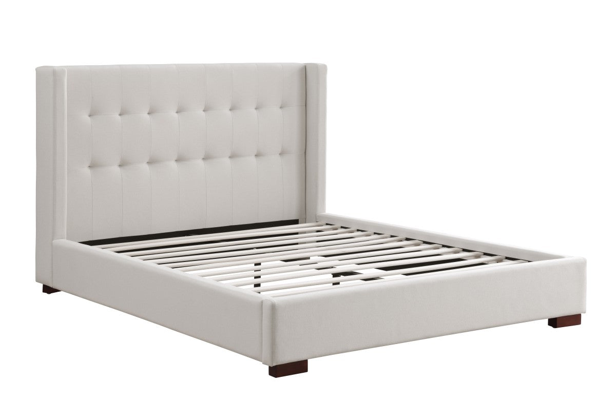 Button-Tufted Solid Wood Bed Frame – Beige