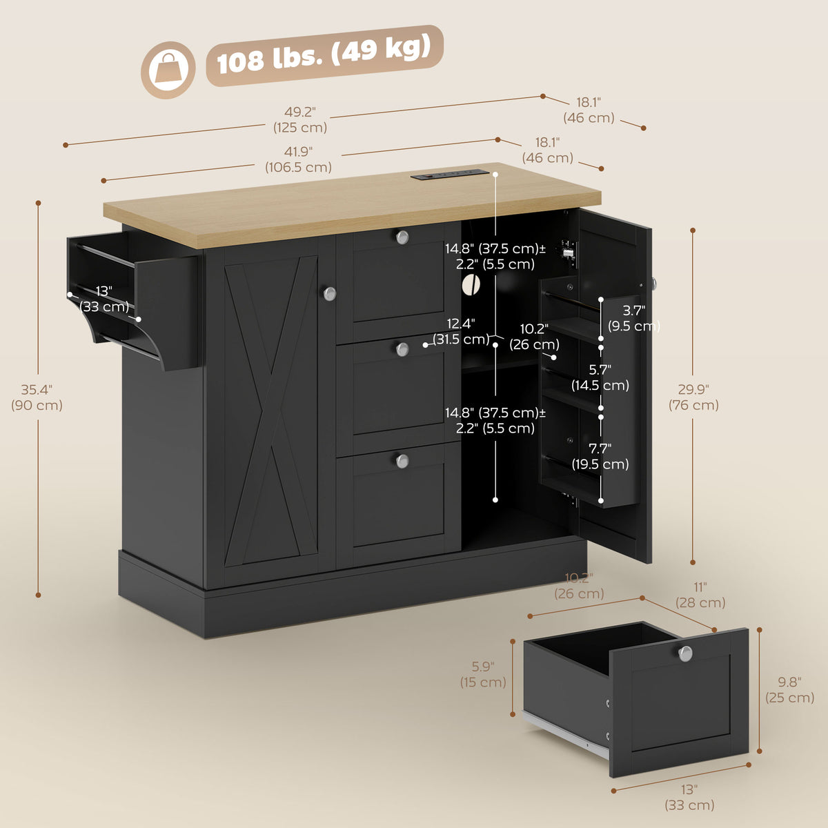 Farmhouse Kitchen Island Cart with Power Outlet and Soft-Close Doors – 49"W x 35"H
