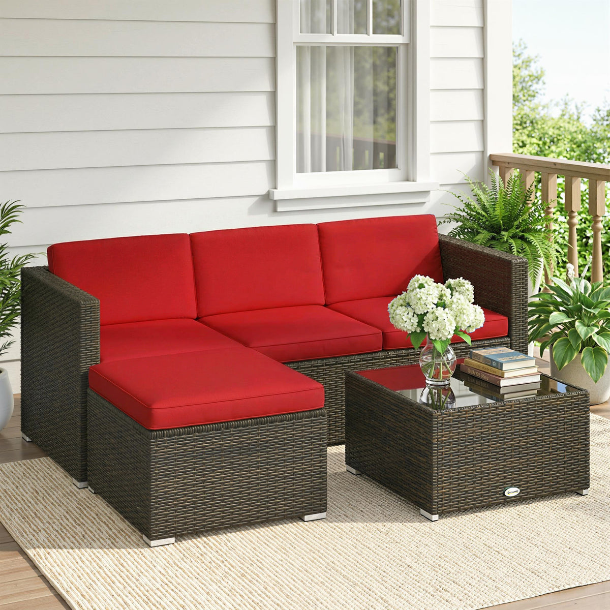 3 Pieces Patio Furniture Set with Cushions, Outdoor PE Rattan Wicker Conversation Corner Sofa Set with Glass Top Table – Brown, Red