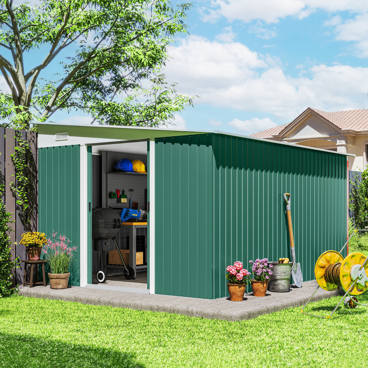 11' x 9' Steel Garden Storage Shed, Outdoor Metal Tool House with Double Sliding Doors – Green