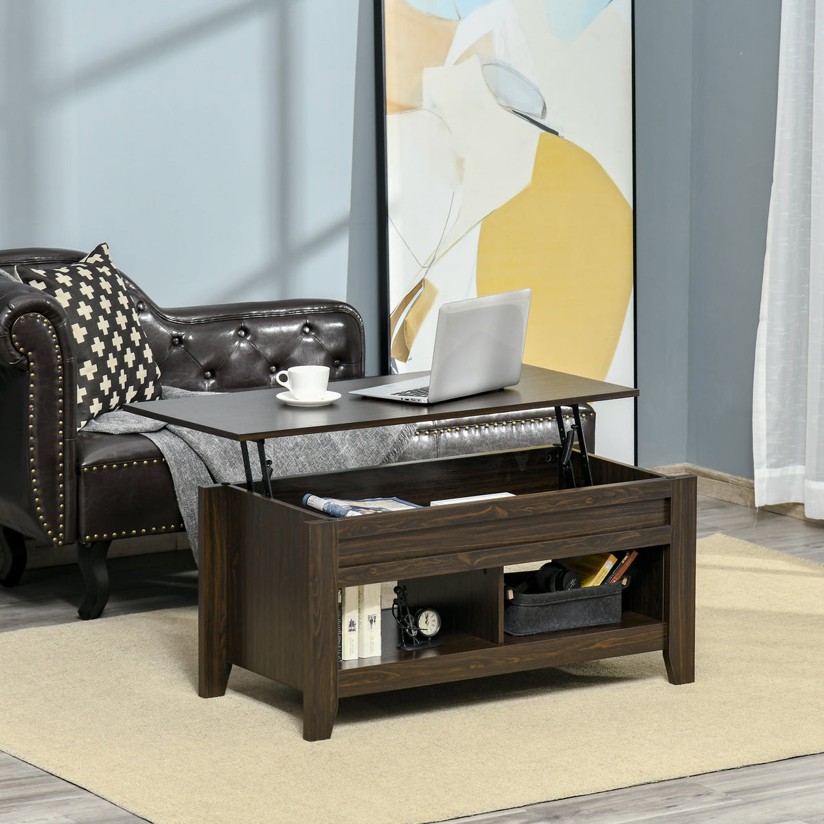 Lift-Top Coffee Table with Hidden Storage and Open Shelves