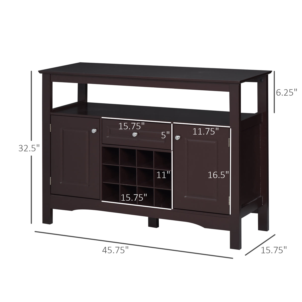 Buffet Bar Cabinet with Drawer and 12-Bottle Wine Rack – 46"W x 33"H