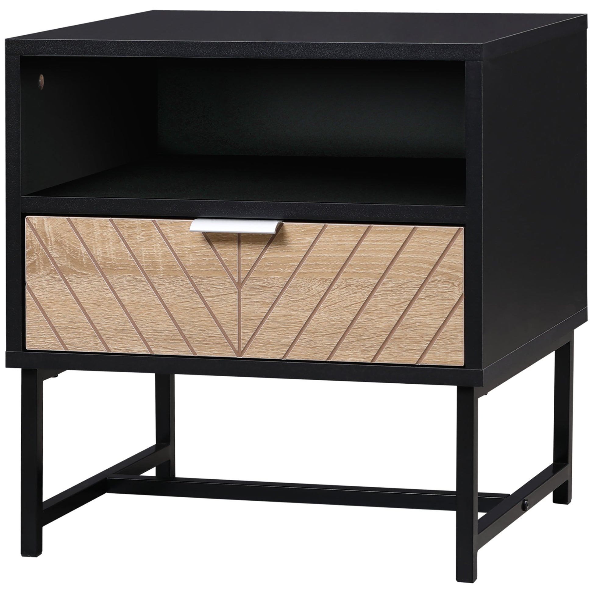 Modern HOMCOM Bedside Table Nightstand with Drawer, Storage Shelf - Black & Oak