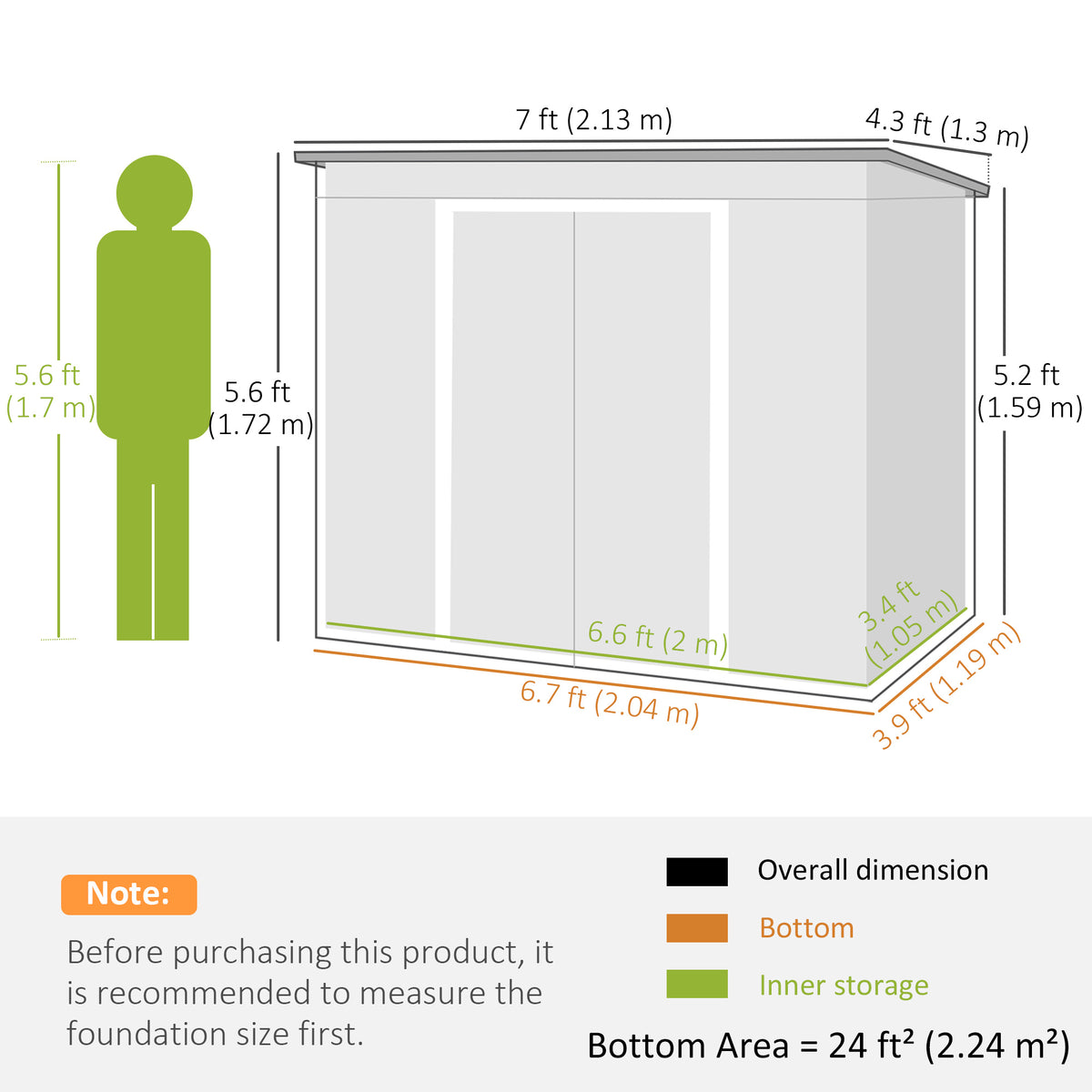 7 x 4ft Galvanised Steel Garden Shed, with Foundation Kit - – Green