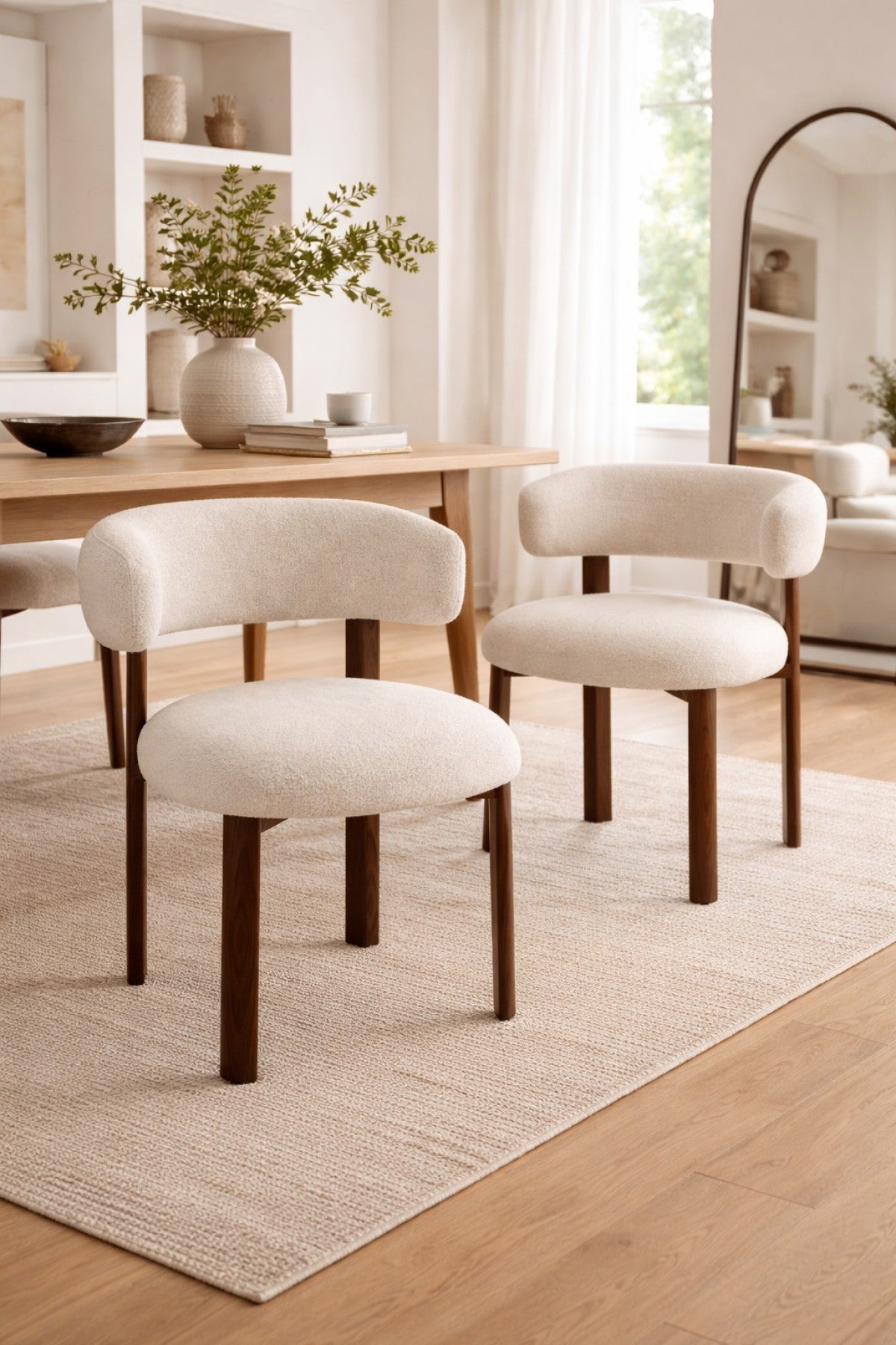 Curved Boucle Dining Chair, Set of 2 – Walnut/Beige