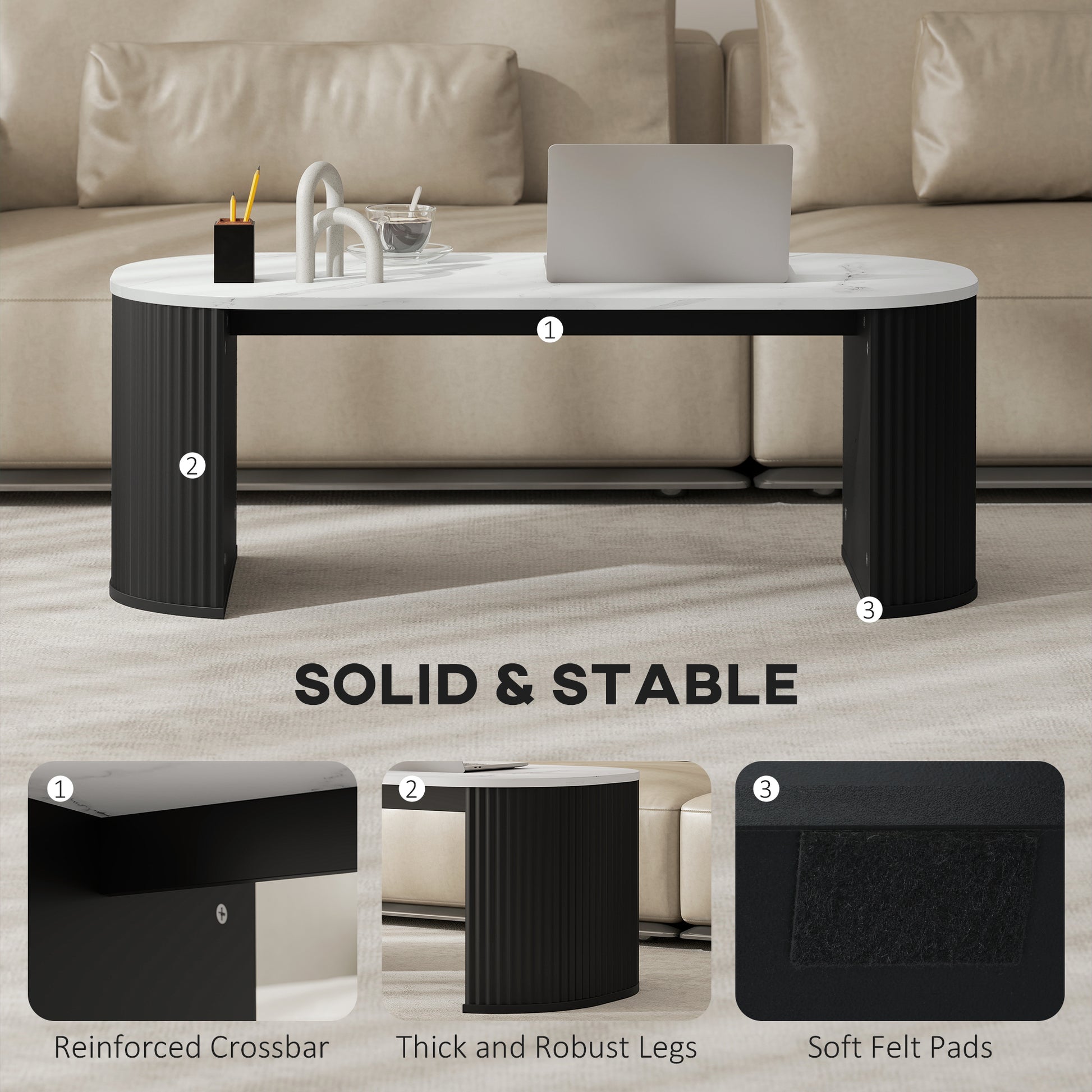 HOMCOM Modern Marble-Effect Coffee Table, Rounded Corners, Thick Black Legs