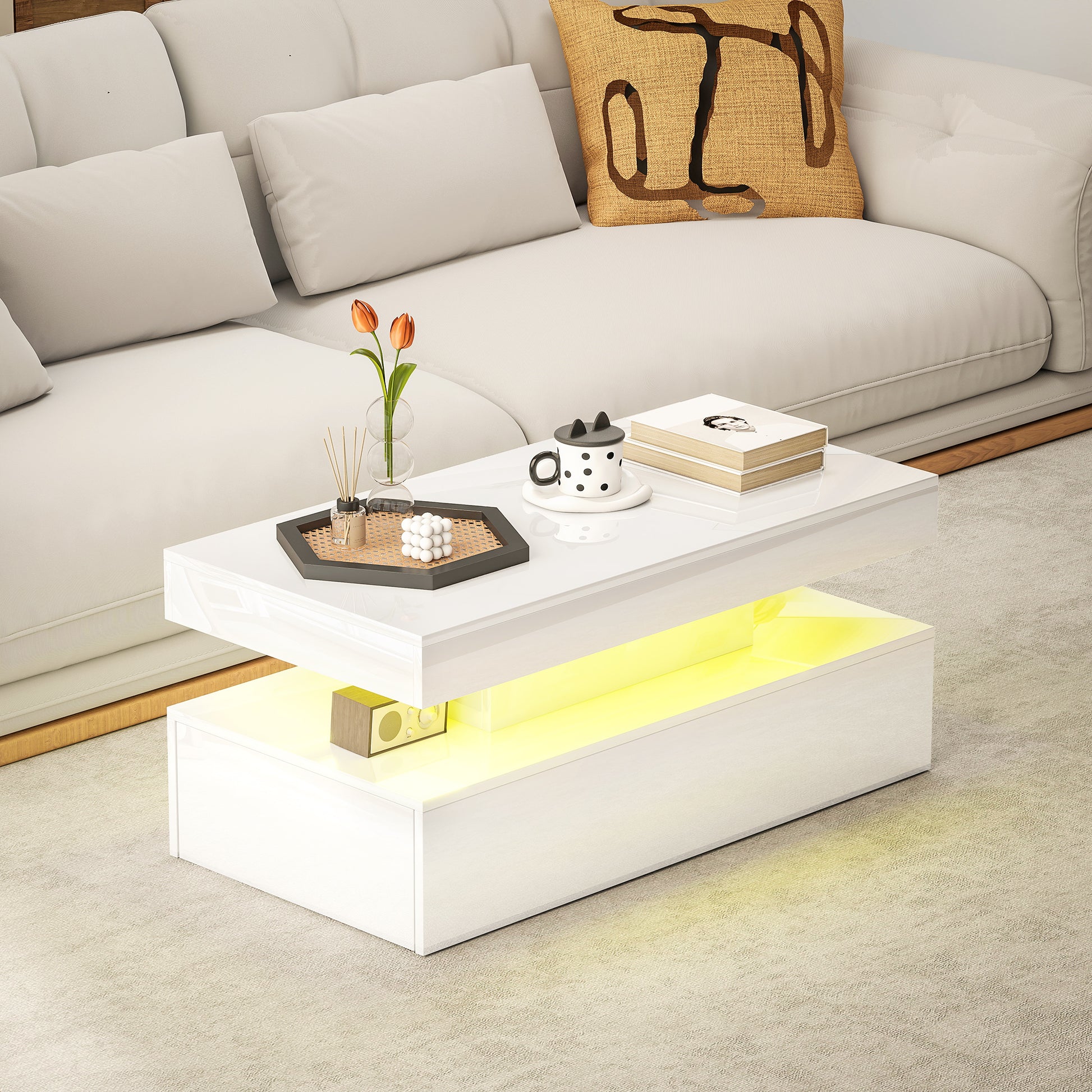 HOMCOM Modern High Gloss White LED Coffee Table with Two Drawers Storage
