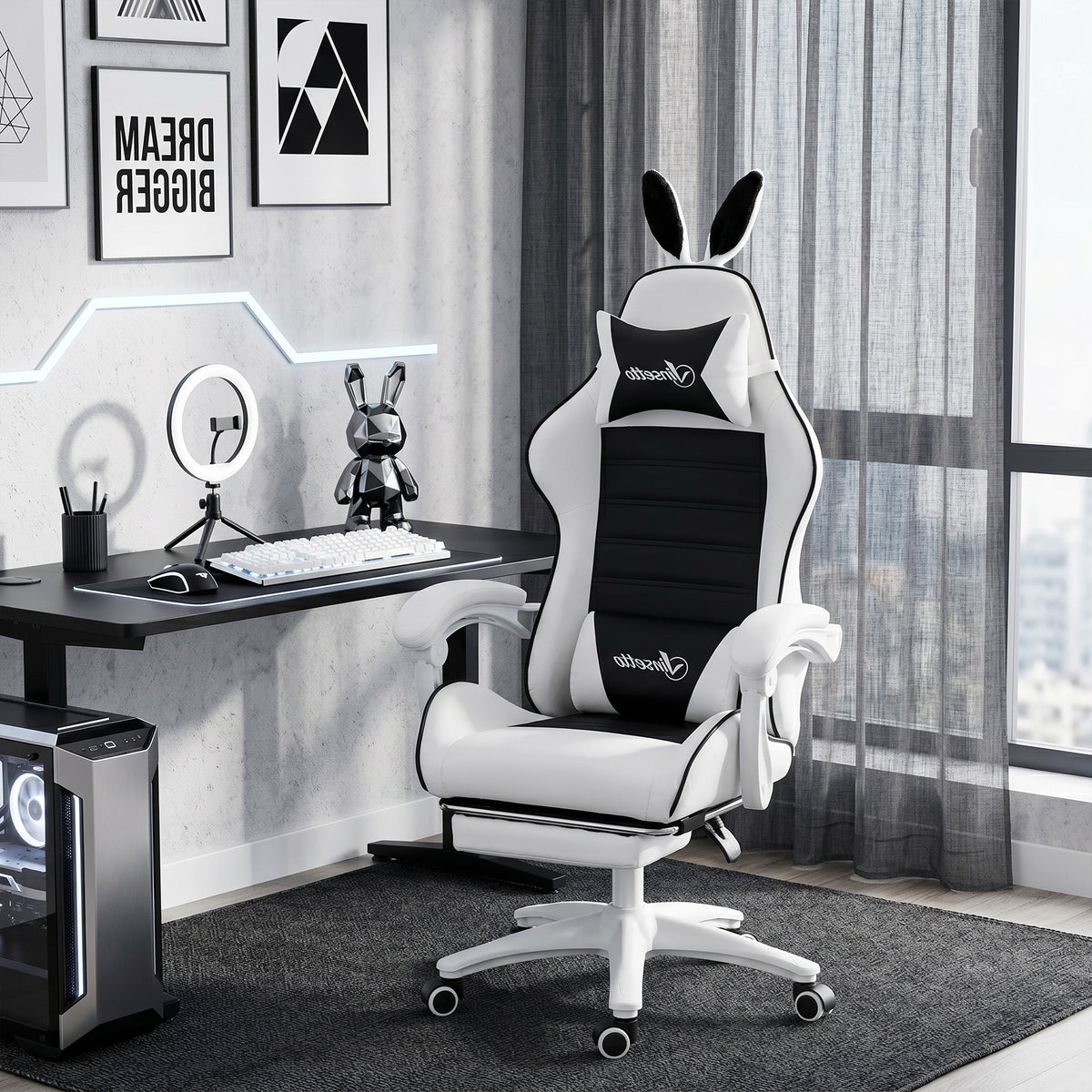 Cute Racing Gamer Chair, PU Leather Gaming Chair with Footrest, Black