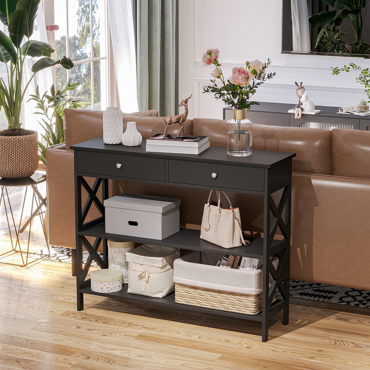 39" Console Table with Drawers, Black
