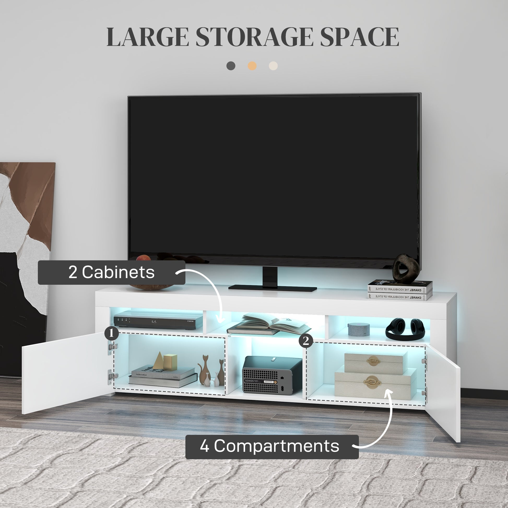 HOMCOM Modern White TV Stand with LED Lights, Storage, Open Compartments