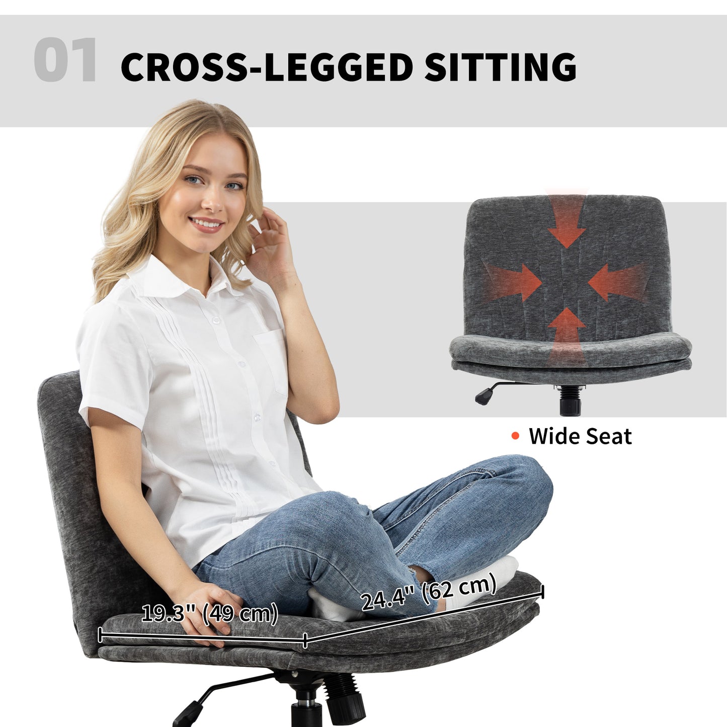 HOMCOM Wide Armless Criss Cross Office Chair, Adjustable Height, Tilting, Grey